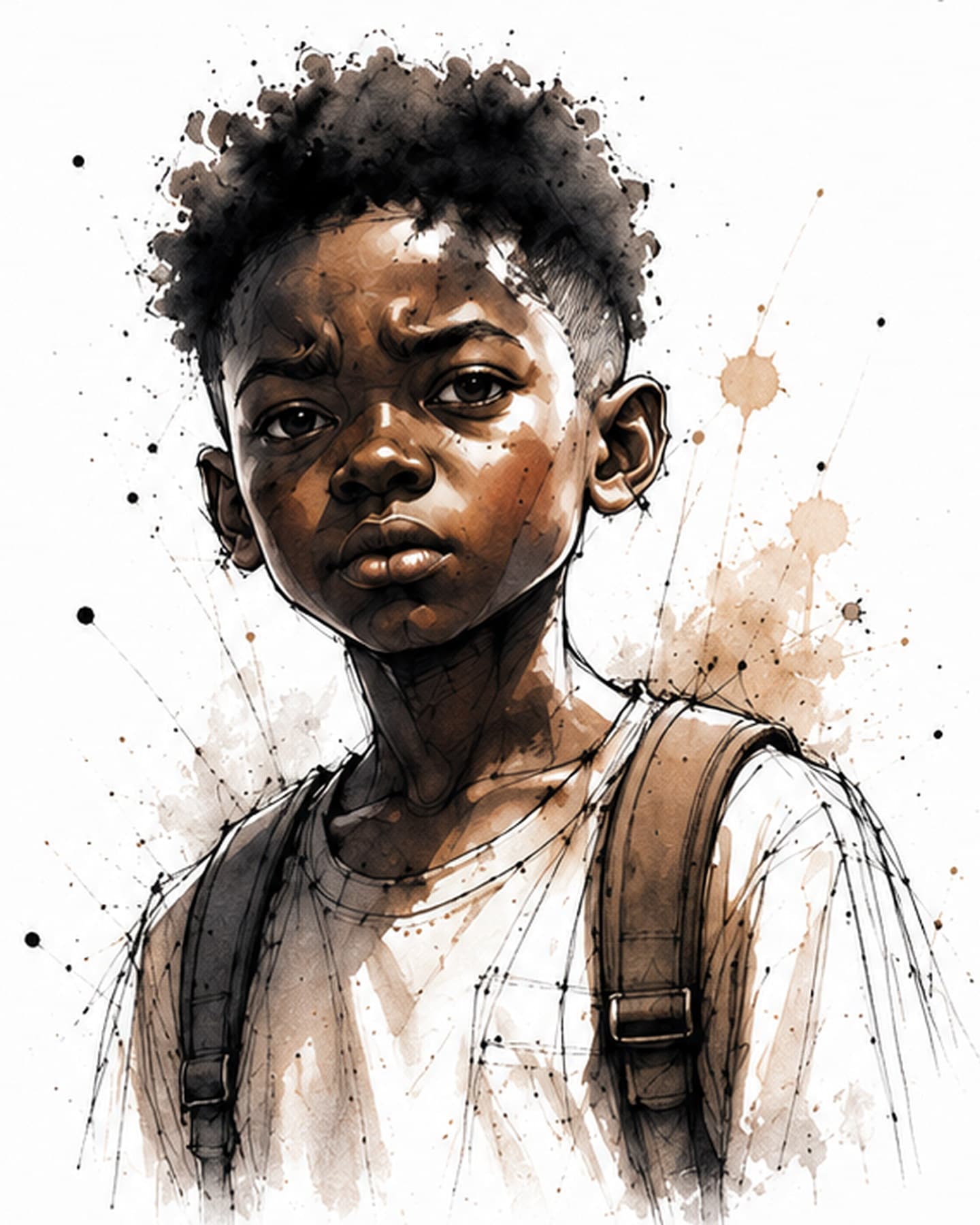 Character-development concept artwork of Hambi, a young boy with a backpack, in sepia ink and watercolour.