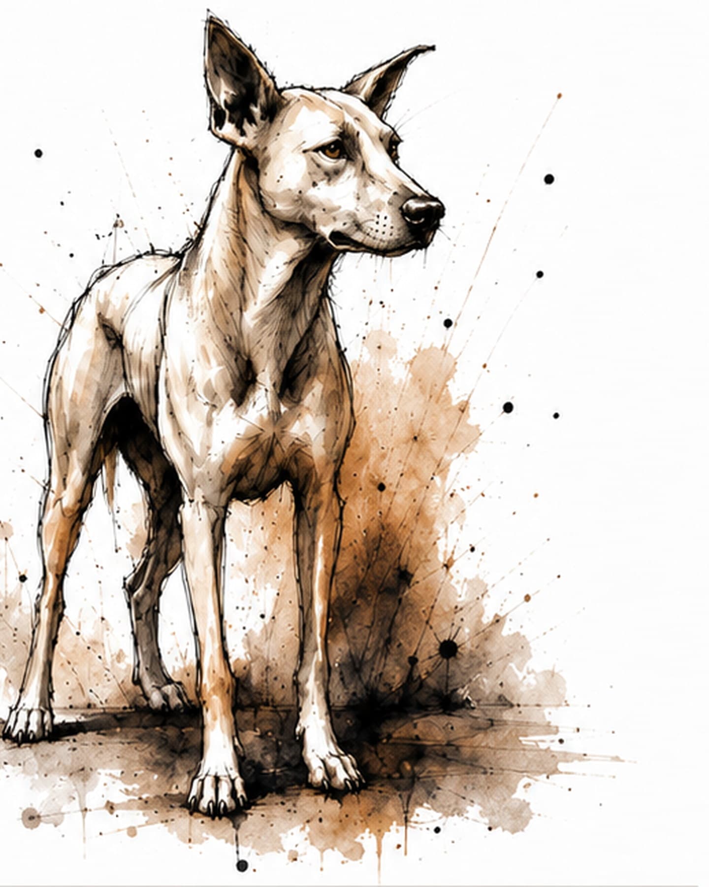 Character-development concept artwork of Inkunzi, an alert Africanis dog, in sepia ink and watercolour.