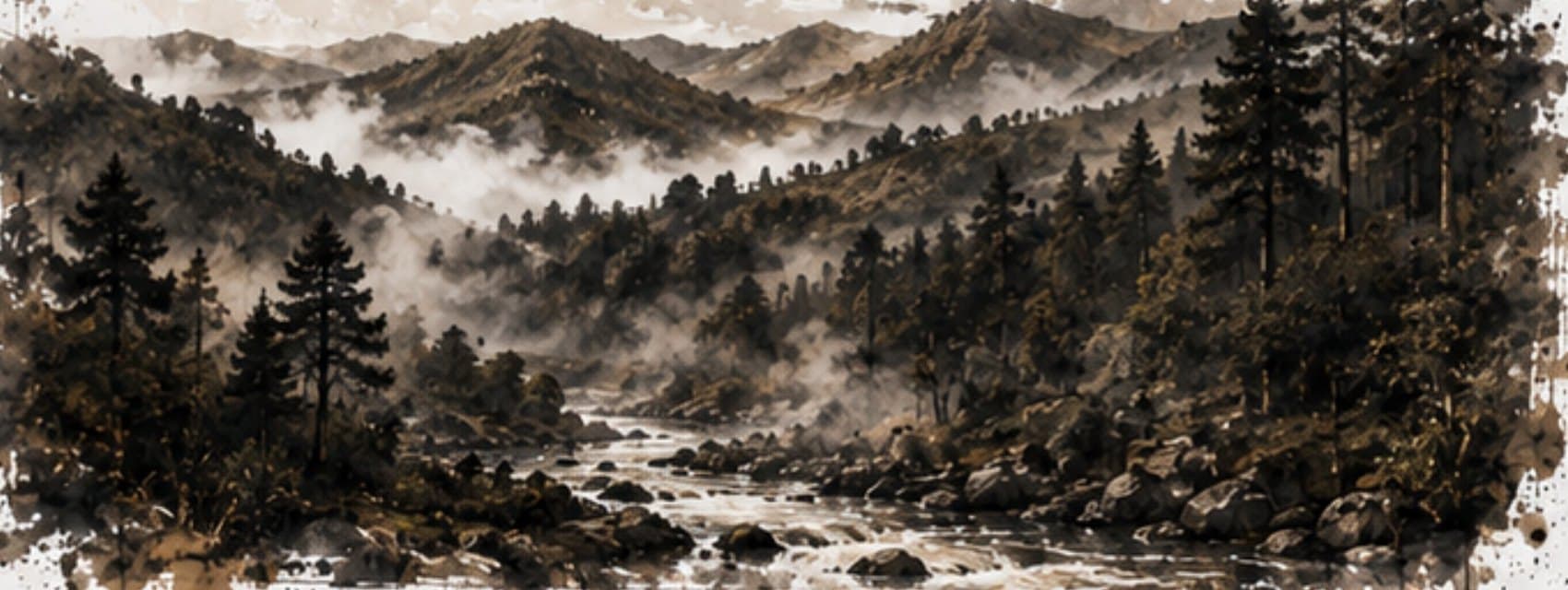 Sepia visual-development artwork of a misty mountain forest and river near Hogsback.