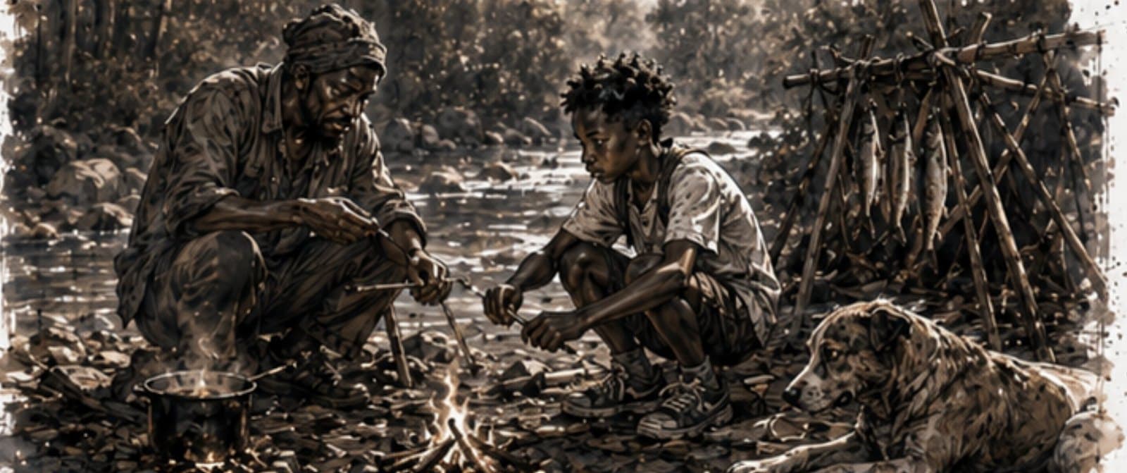 Monochrome visual-development artwork of a woodsman and boy tending a small fire beside a dog and stream.