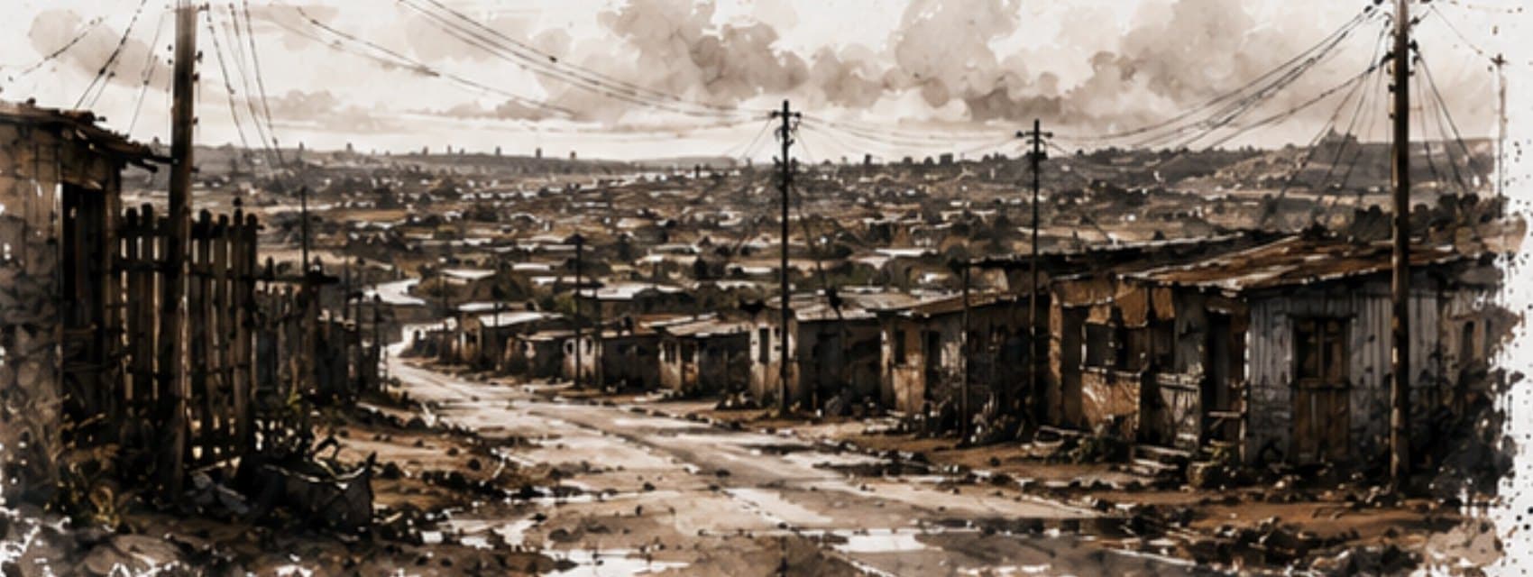 Sepia visual-development artwork of a broad view across Zwide after rain.